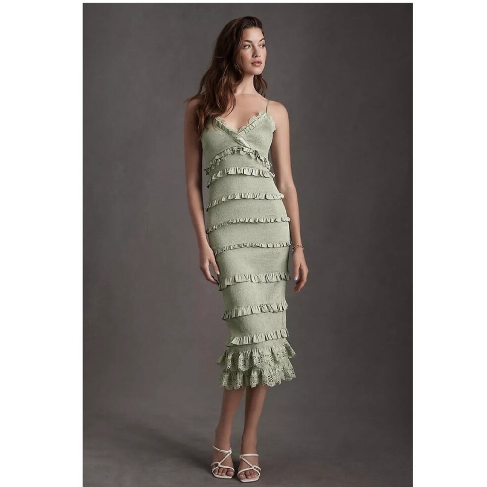 V. Chapman Green Ruffled Sheath Midi Dress